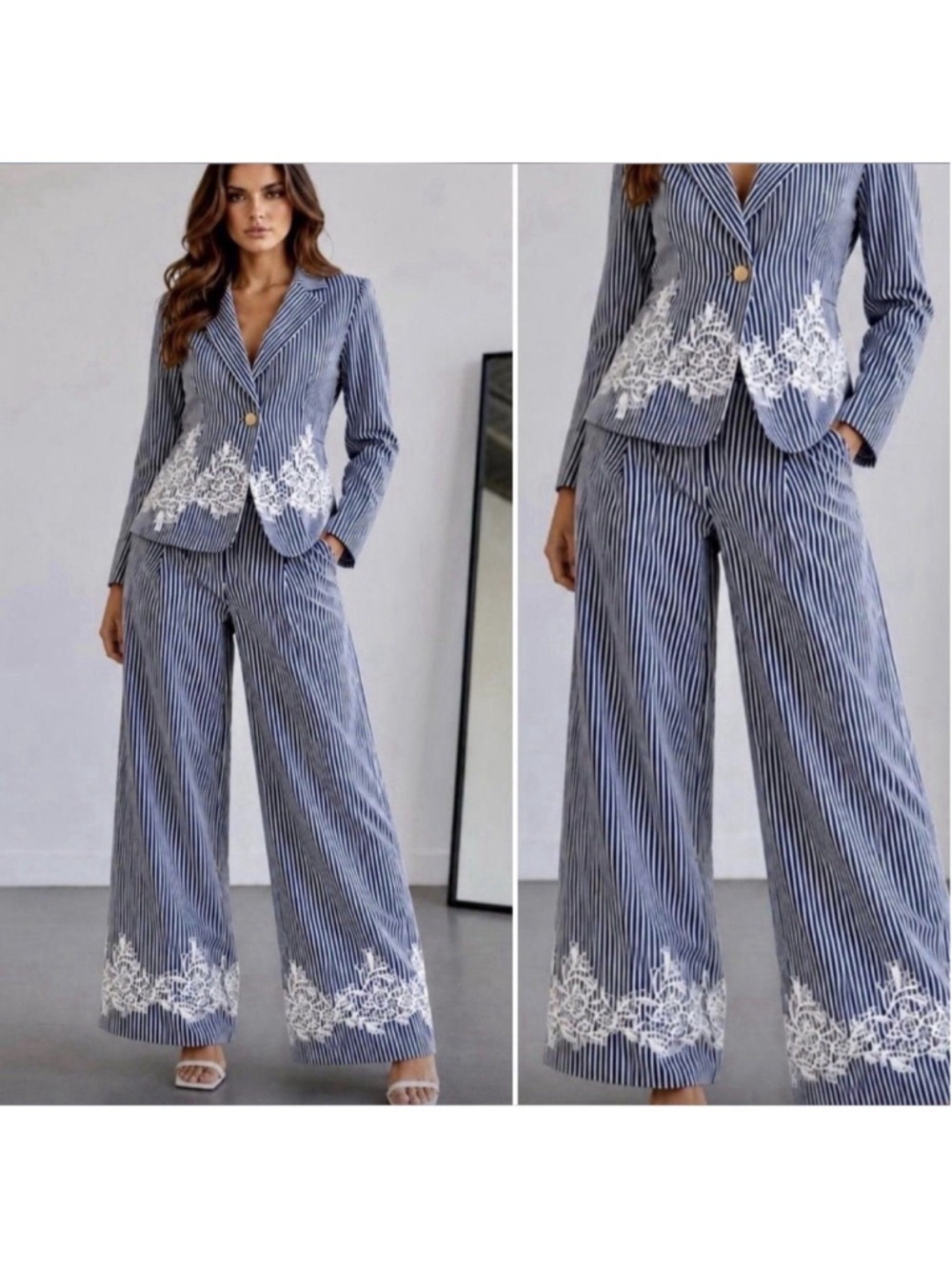 Ten/22 Luxe Lace Trim Stripe Blazer Wide Leg Set